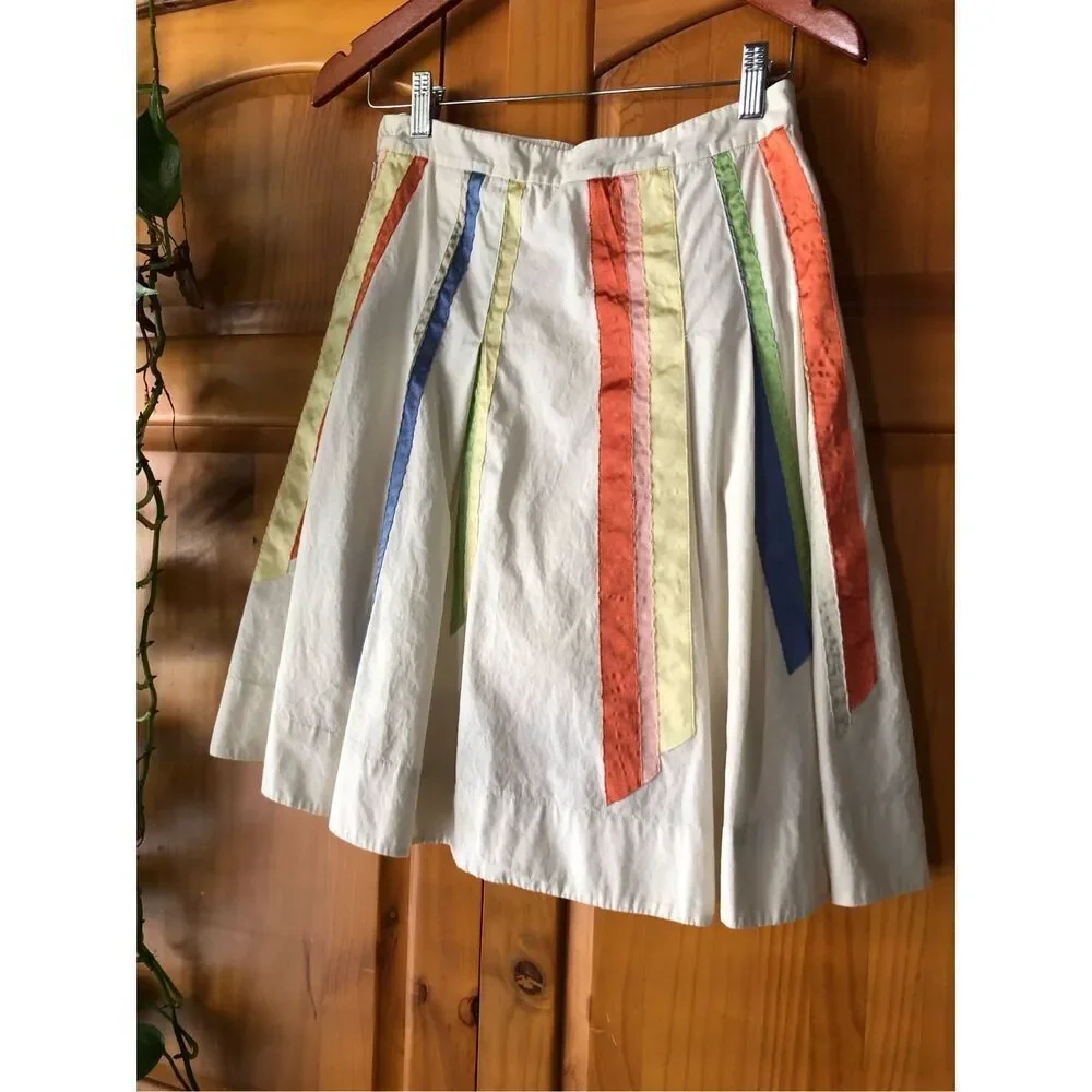 Lithe Cotton A-Line Skirt Size 4 Ivory Multicolor Ribbon Detail